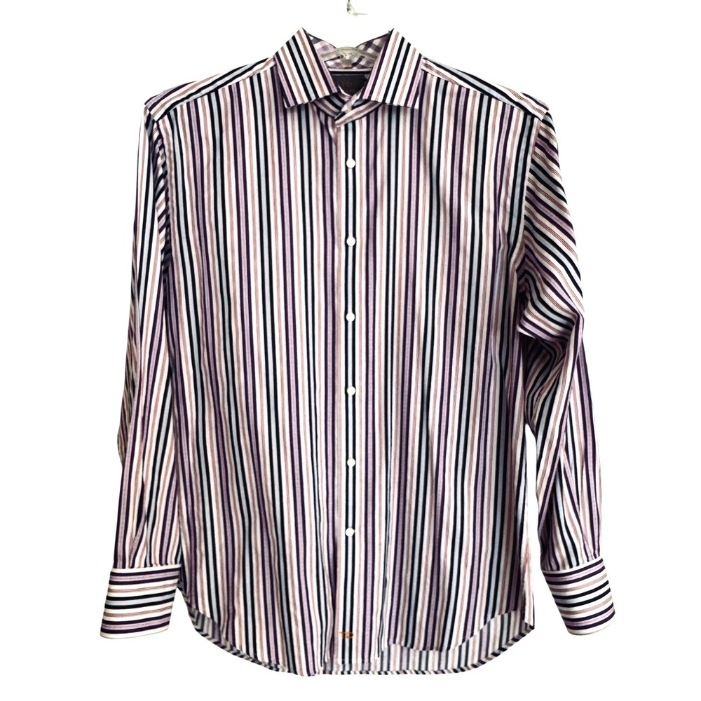 Thomas Dean Mens Medium Long Sleeve Button Down Shirt Striped Purple Cotton TD‎